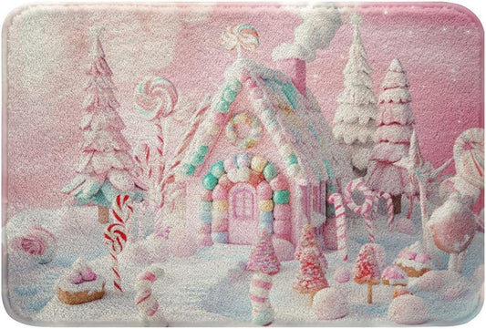 Erosebridal Christmas Candy House Bathroom Rug Non Slip Kawaii Sweet Xmas Bath Mat for Bathroom Cartoon Pink Christmas Decor Door Mat for Bedroom,Winter White Snow Entrance Rug 16"x24"