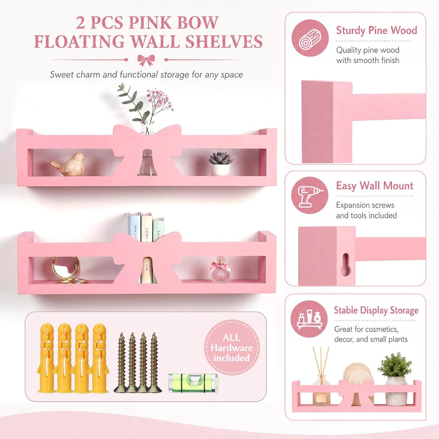 Pinkunn 2 Pcs Pink Bow Floating Wall Shelves Sweet Wooden Organizer Rack Adorable Ins Home Decor for Bedroom Bathroom Living Room Cafe Women, 16.5 x 3.9 x 3.5 Inches