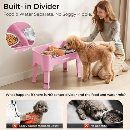 URPOWER Mess Proof Elevated Dog Bowls 4 Height Adjustable Raised Bowl Stand with 2 Stainless Steel Dog Bowls Non-Slip Food and Water Bowl Set for Small Dogs, Pink