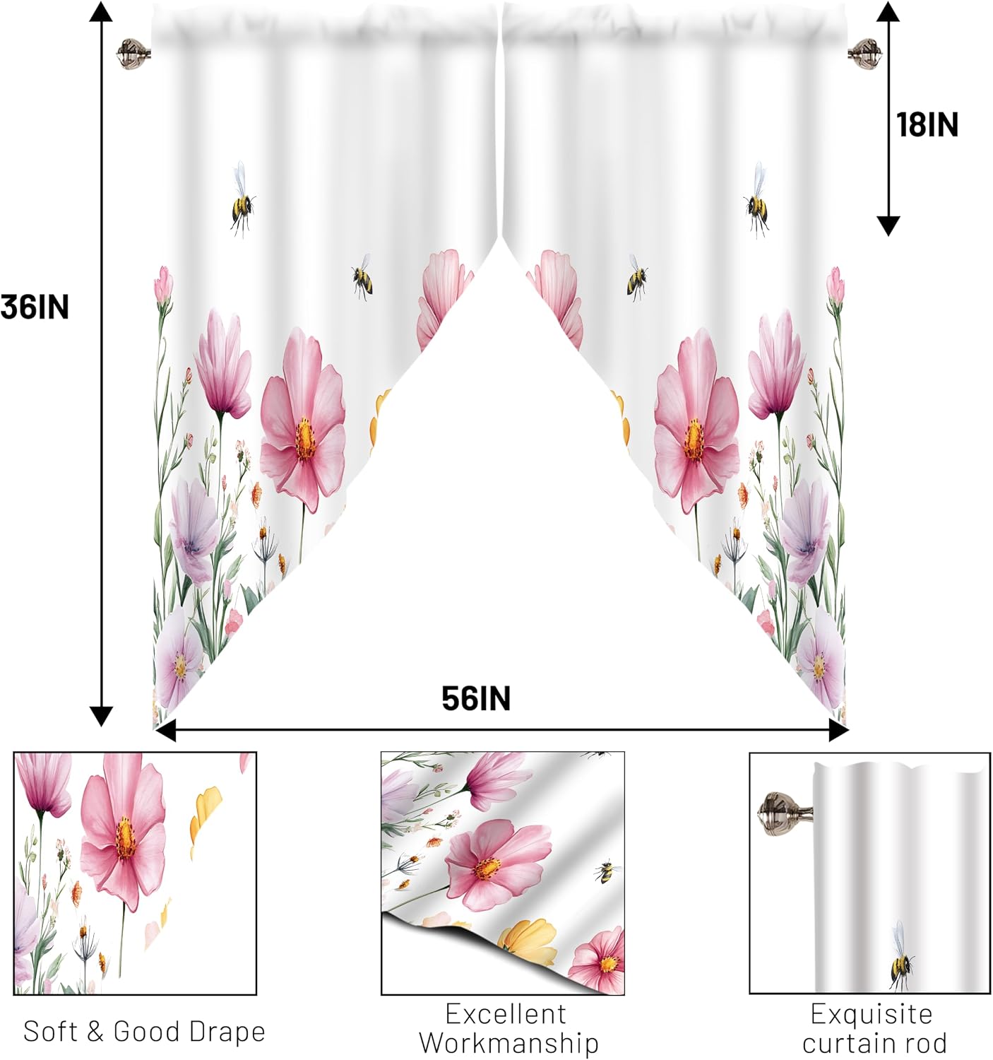 Spring Wildflowers Bees Pink Floral Swag Curtain Valance for Windows,Black Gray Window Treatments Short Swag Topper for Kitchen Windows Bathroom Bedroom,28 x 36 Inch, 1 Pair