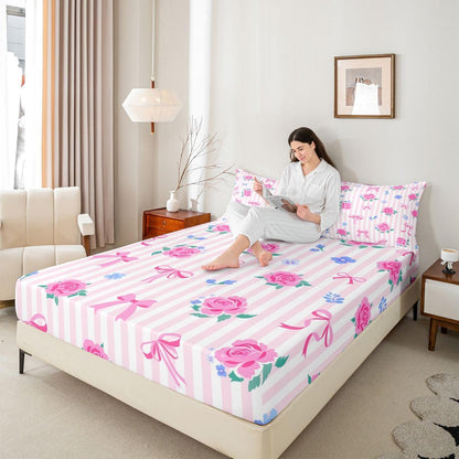 Feelyou Cute Bow Bed Sheets Set Queen Size Romantic Rose Flower Deep Pocket Fitted Sheet Bow Tie Striped Bedding Sets Soft Bed Set 4Pcs with 2 Pillow Cases