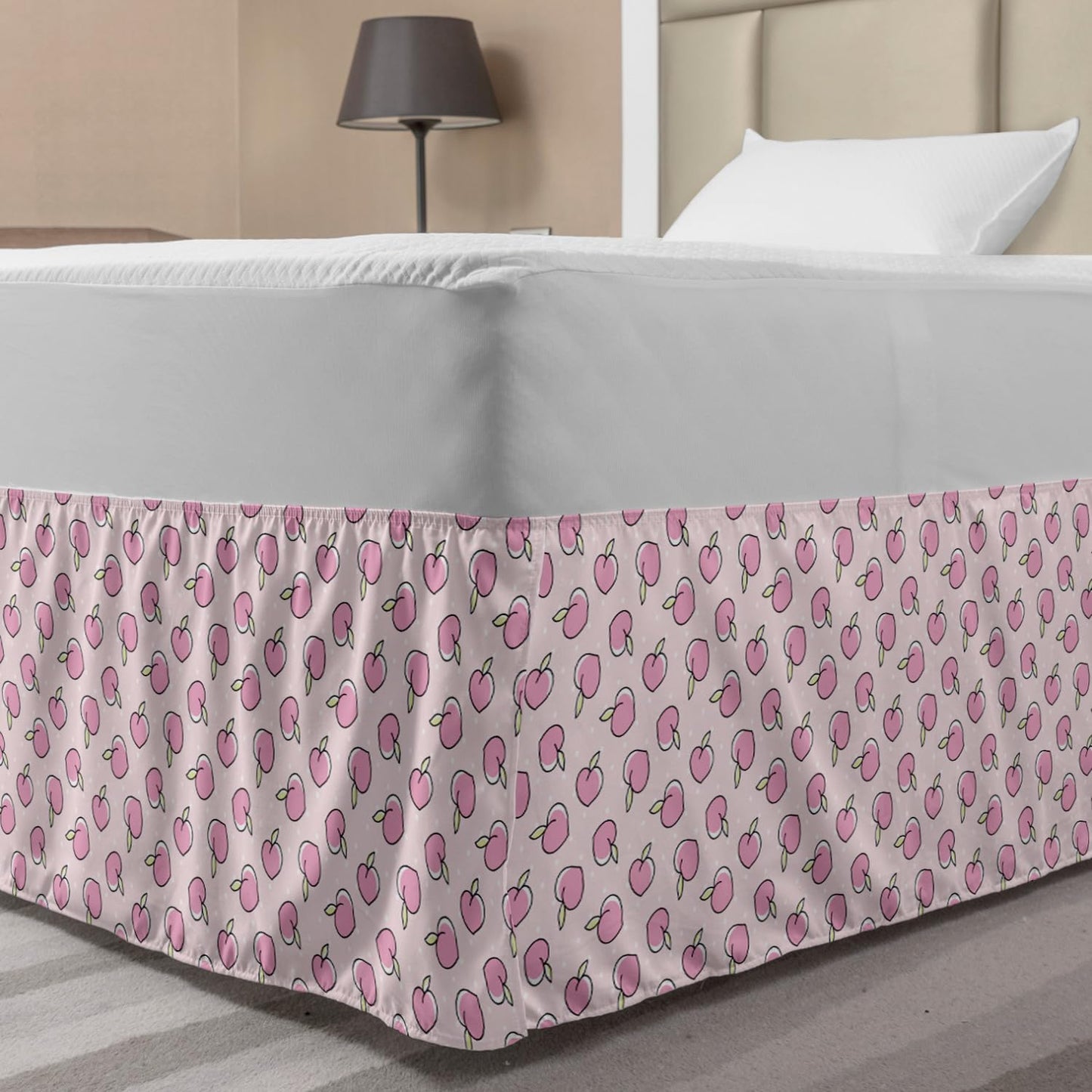 Lunarable Peach Pink Bedskirt, Numerous Repetitive Little Cartoon Illustrated Fruits on Dotted Backdrop, Bedroom Decor Wrap Around Elastic Bed Skirt Gathered Design, Twin/Twin XL, Rose Pale Green