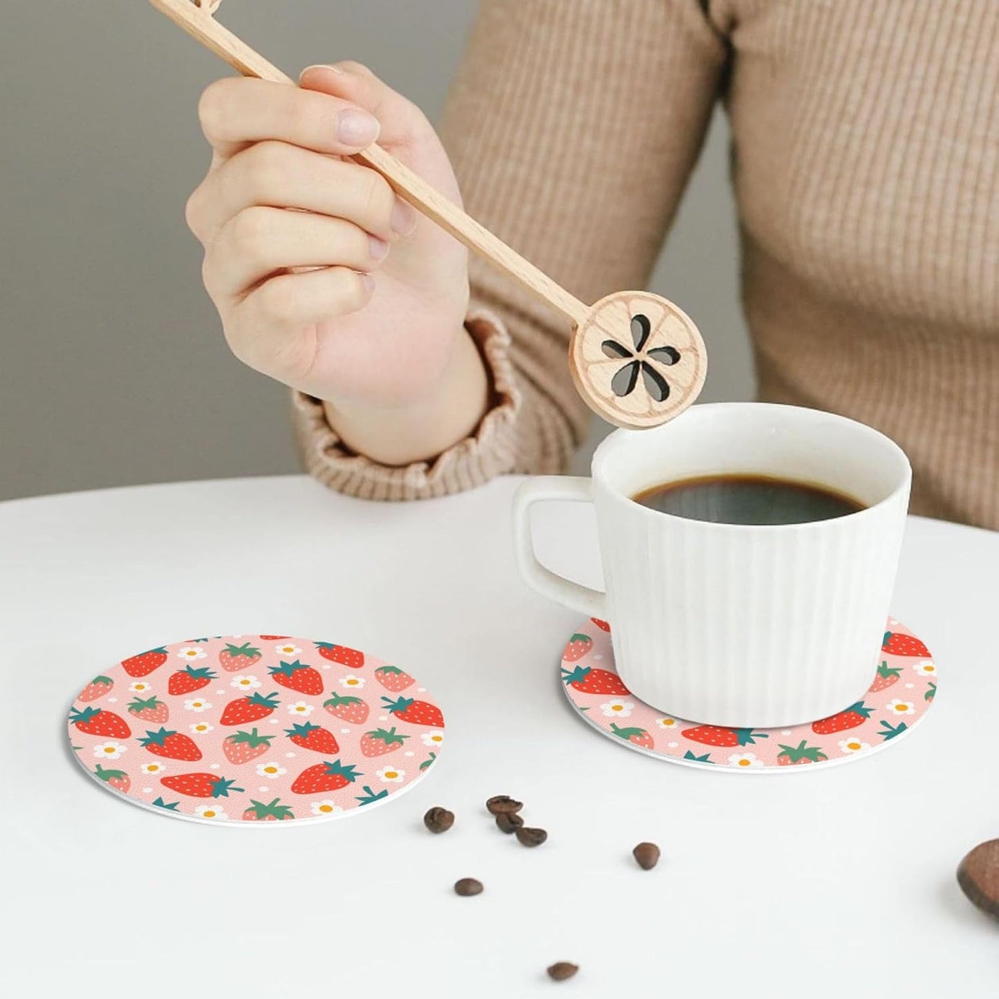 Strawberry and Flowers Cute Pink 6 Pcs Drink Coasters - Leather Coasters Set - Resistant Round Coaster Non-Slip Table Mat - Kitchen Bar Home Decor Housewarming Gift