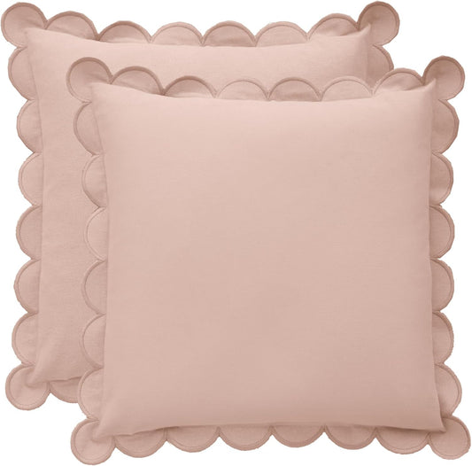 BEBE BASK Scalloped Pillow Cover - Set of 2-18 x 18 Inch - Scallop Pillow Cover - Pink Scalloped Pillows - Scallop Pillows - 100% Cotton - Grandmillennial Style (Peach Pink/Peach)