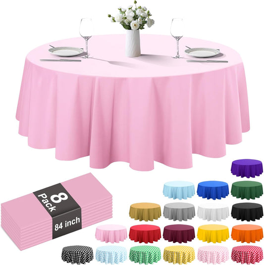 8 Pack Plastic Tablecloth 84" Disposable Table Cloths for 6 to 8 Foot Tables Round Table Cover for Parties (Pink, Round)