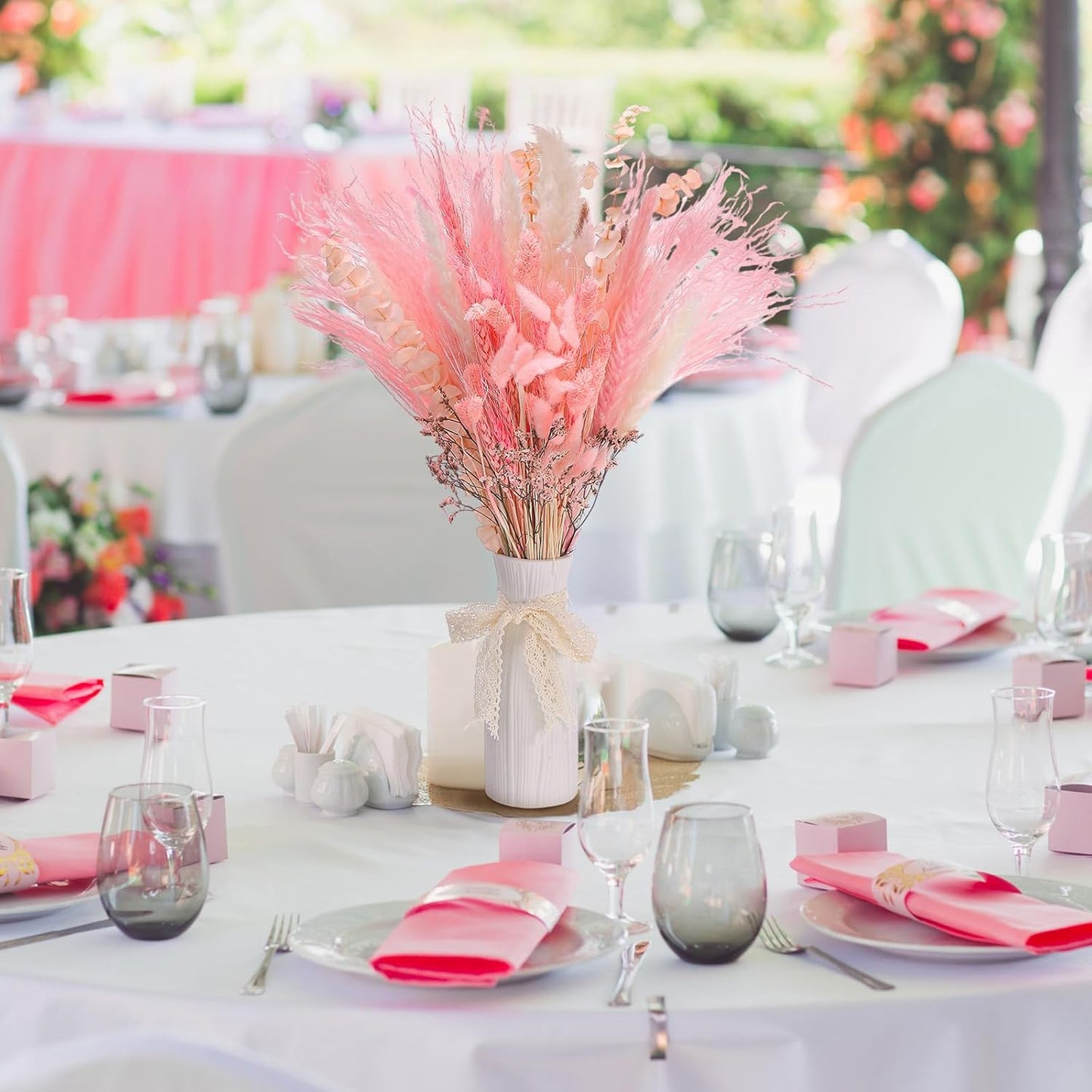 Thiccywoov 120 Pcs Pink Natural Dried Pampas Grass Fall Decor 17 Inches Autumn Fluffy Grass Bouquet Eucalyptus Boho Decor for Vase Wedding Floral Room Home Party Table Centerpieces Decorations