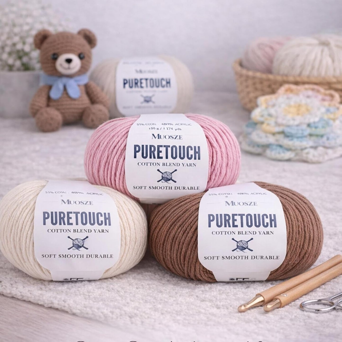 PureTouch Cotton Blend Yarn, Soft & Durable Crochet Yarn for Knitting & Amigurumi, 174 Yards, 50g, 55% Cotton 45% Acrylic (Peach Beige, 2 SKEINS)