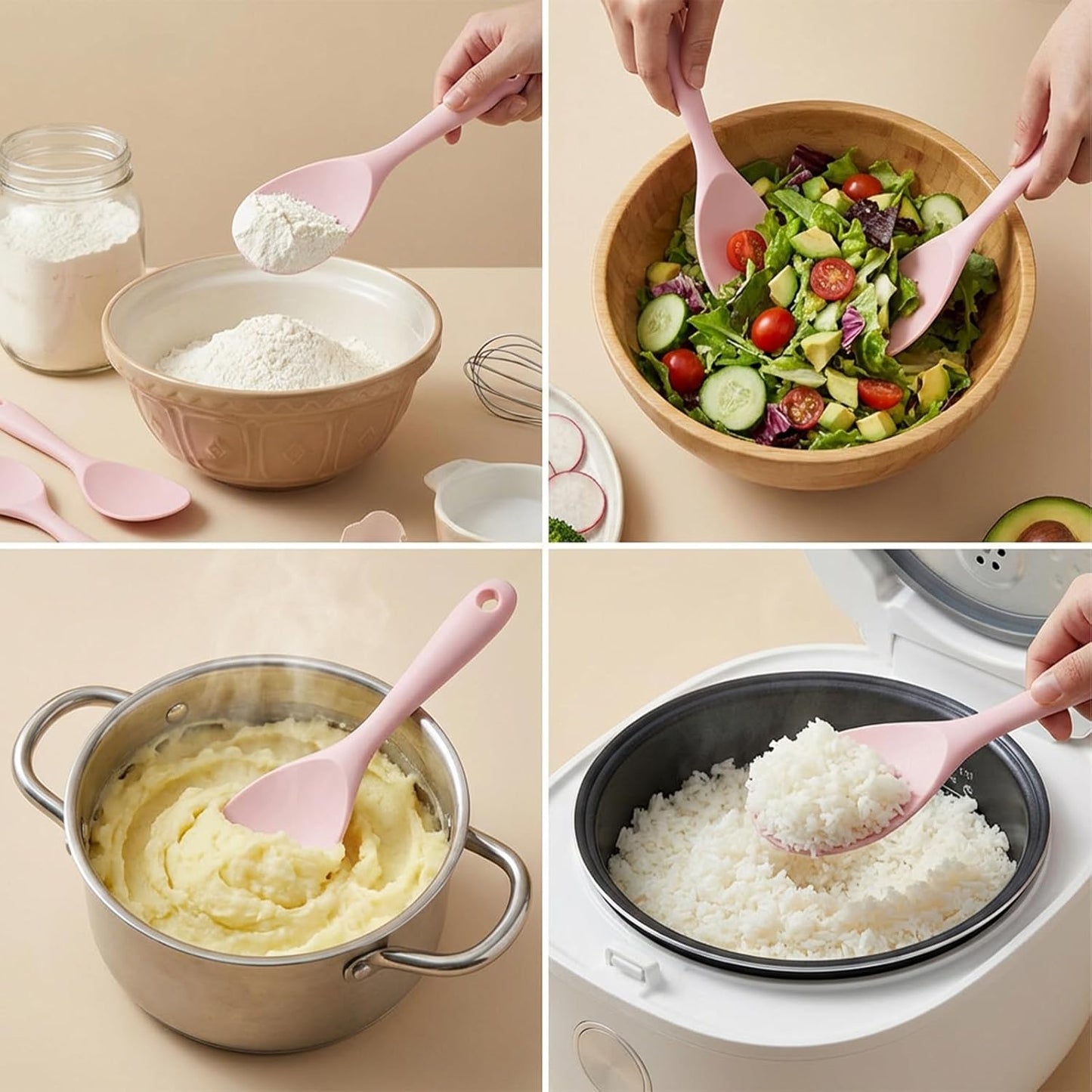 2 PCS Rice Spoon Paddle Silicone Rice Paddle 8.8 Inch Pink Non Stick Rices Spoon Scooper Spatula for Soup, Salads, Mashed Potato