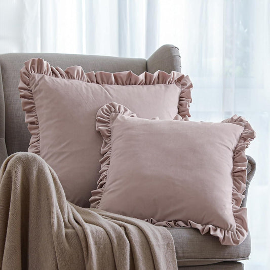 patdrea Vintage Designer Light Pink Throw Pillow Covers 18"x18" Set of 2,Soft Velvet Durable Lumbar Pillows Cover with Ruffles,Farmhouse Decorative Pillow for Bed Living Room Car Outdoor