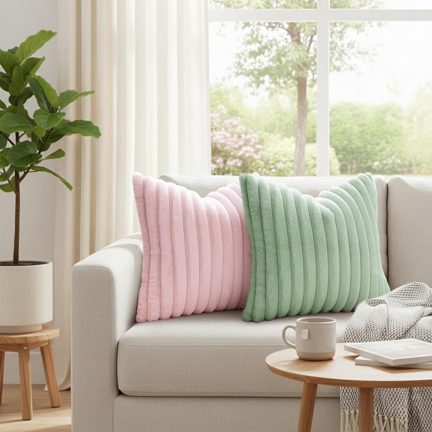 Simmore Faux Fur Couch Throw Pillow Covers 18x18 Set of 2, Decorative Soft Striped Plush Pillow Covers with Velvet Back for Sofa Bed Living Room, Pink