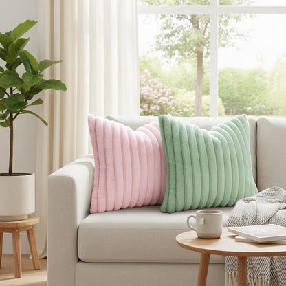 Simmore Faux Fur Couch Throw Pillow Covers 18x18 Set of 2, Decorative Soft Striped Plush Pillow Covers with Velvet Back for Sofa Bed Living Room, Pink