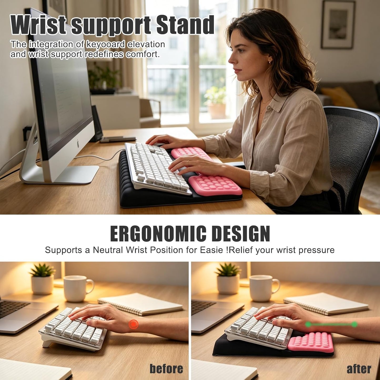 Keyboard Stand with Wrist Rest，Ergonomic Wrist Pad Memory Foam Keyboard Riser Holder Tray with Non-Slip Base, Pain Relief for Work Study Game (Black and Pink)