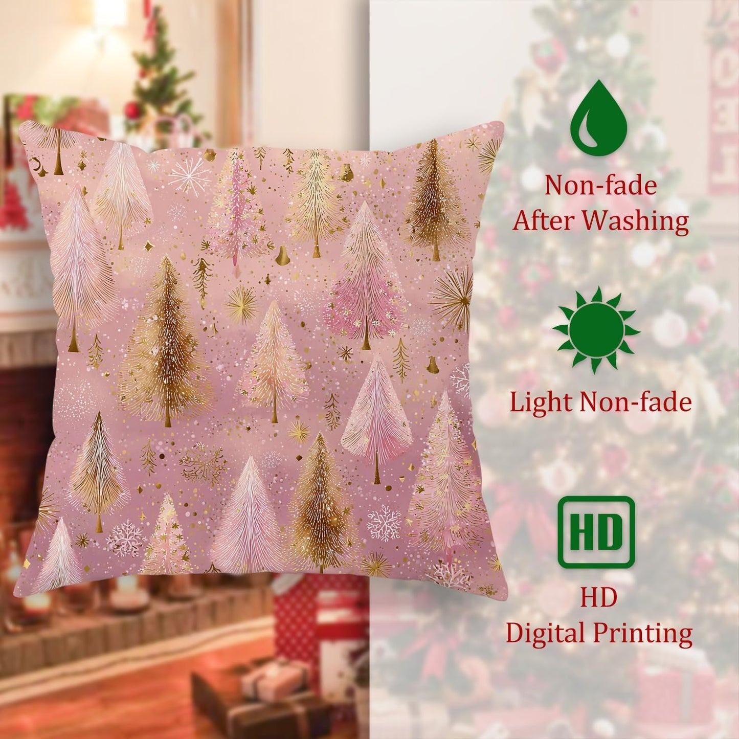 Christmas Trees Throw Pillow Covers Set of 2, Festive Fanciful Snowflakes Stars Xmas Peach Soft Velvet Washable Couch Pillow Covers for Living Room Bed Office Sofa Chair Decor 14x14 Inch