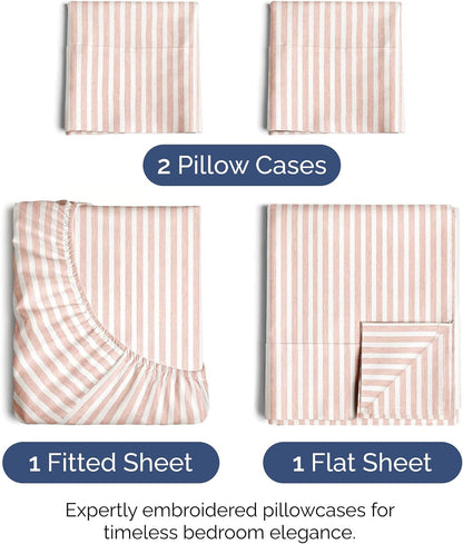 Full Size 4 Piece Sheet Set - Ultra Soft & Cooling Bed Sheets - Fits 8 Inch to 16 inch Mattress - Wrinkle & Fade Resistant with Deep Pockets - Breathable, Comfy Hotel Luxury Bedding - Blush Stripes