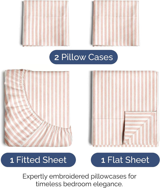 Full Size 4 Piece Sheet Set - Ultra Soft & Cooling Bed Sheets - Fits 8 Inch to 16 inch Mattress - Wrinkle & Fade Resistant with Deep Pockets - Breathable, Comfy Hotel Luxury Bedding - Blush Stripes