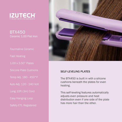IZUTECH BTX450 1 Inch Tourmaline Ceramic Flat Iron Hair Straightener, Professional Salon Negative Ion Straightener with Adjustable Temperature for All Hair Types, Anti-Frizz High Shine, Pink