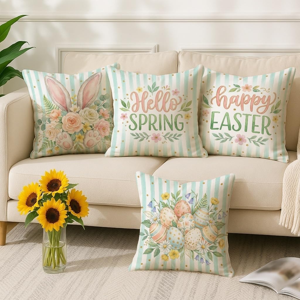 Bunny Throw Pillow Covers Set of 4, Spring Festive Flowers Easter Eggs Easter Pastel Peach Soft Velvet Washable Pattern Pillow Covers for Living Room Bed Office Sofa Chair Decor 16x16 Inch