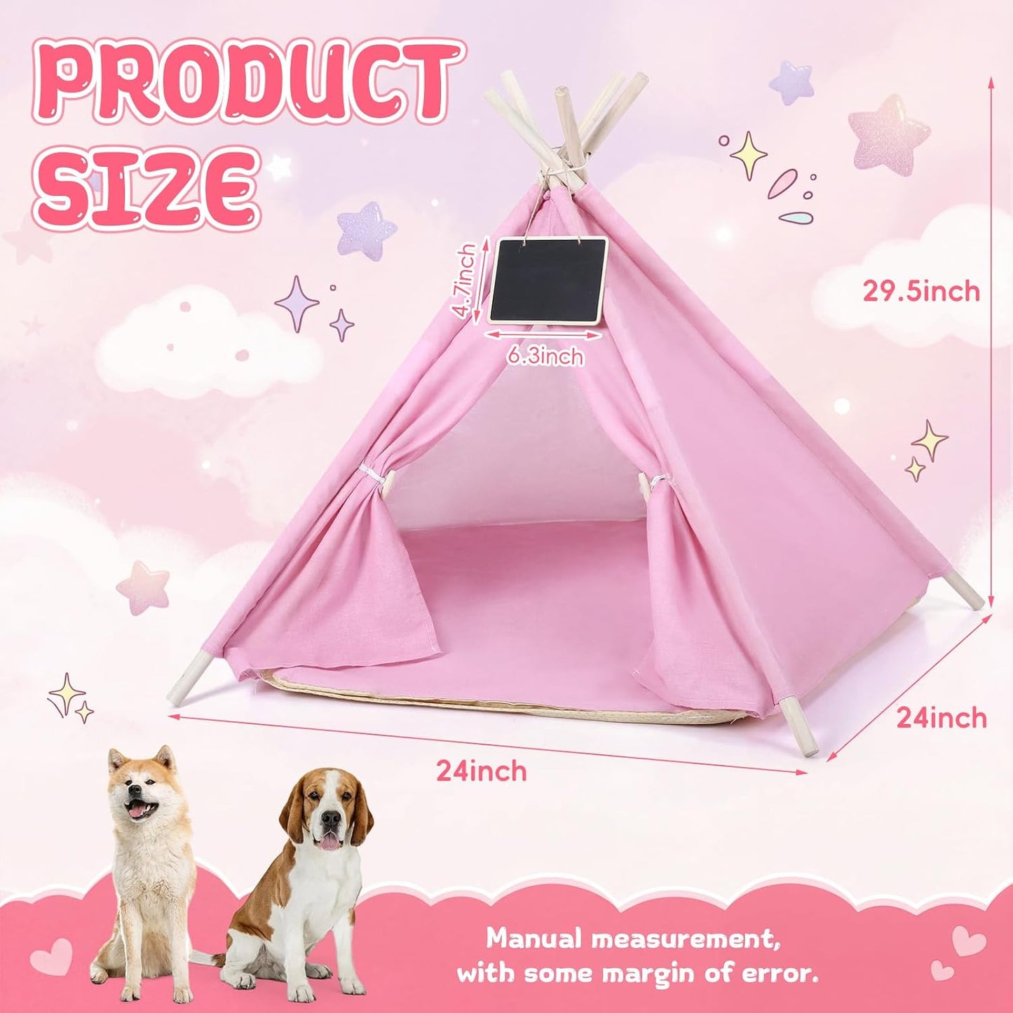 Pet Teepee Tents Dog & Puppy Cat Bed with Thick Cushion Portable Pet Houses Pink Dog Teepee Tents for Puppy & Cat(L: 24 x 24 x 29.5 Inch)