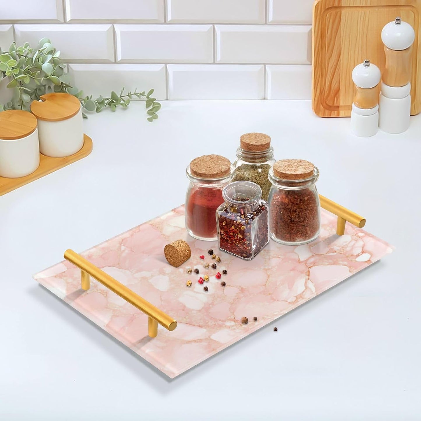 Peach Gold Irregular Marble Decorative Cafeteria Tray with Handles Plastic Serving Trays for Jewelry Perfume for Party Serving bandeja para desayuno
