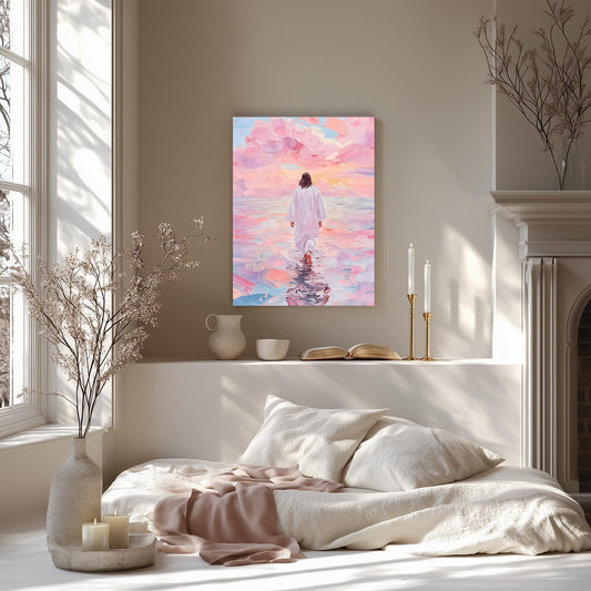 IAFWZX Framed Jesus Wall Art, Pink Jesus Walking on Water Wall Decor, Christian Religious Savior Canvas Painting, Pastel Christian Aesthetic Picture for Church Prayer Room Ready To Hang 12x16 Inch