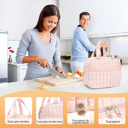 honitty Lunch Box for Women,Quilted Puffer Lunch Bag, Cute Lunch Box with Front Pocket, Insulated Lunch Bag for Office Work，Hand Carry or Crossbody