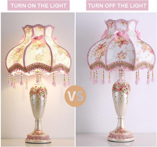 Vintage Pink Table Lamp,Victorian Style Table Lamp with Lace,Princess Bedside Lamps,Pleated Fabric Shade Desk Lamp,Antique Flower Night Light for Bedroom Nightstand Decorative Table Lamp