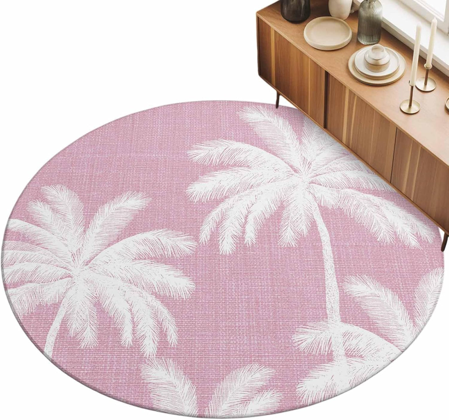 Round Area Rugs 4Ft, Peach Pink Palm Tree Non-Slip Washable Circle Rugs Carpet, Summer Botancial Tropical Farmhouse Indoor Outdoor Rug Floor Mats Throw Runner for Bedroom Living Room Bathroom