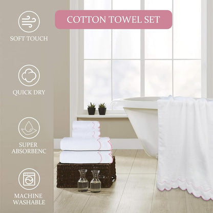 100% Cotton 600 GSM Fingertip Towels Cute Soft Absorbent Embroidered Scalloped Hand Towels Decorative for Bathroom Home Hotels (Pink, 2-Pack(27" L x 16" W/54 L x 27" W))