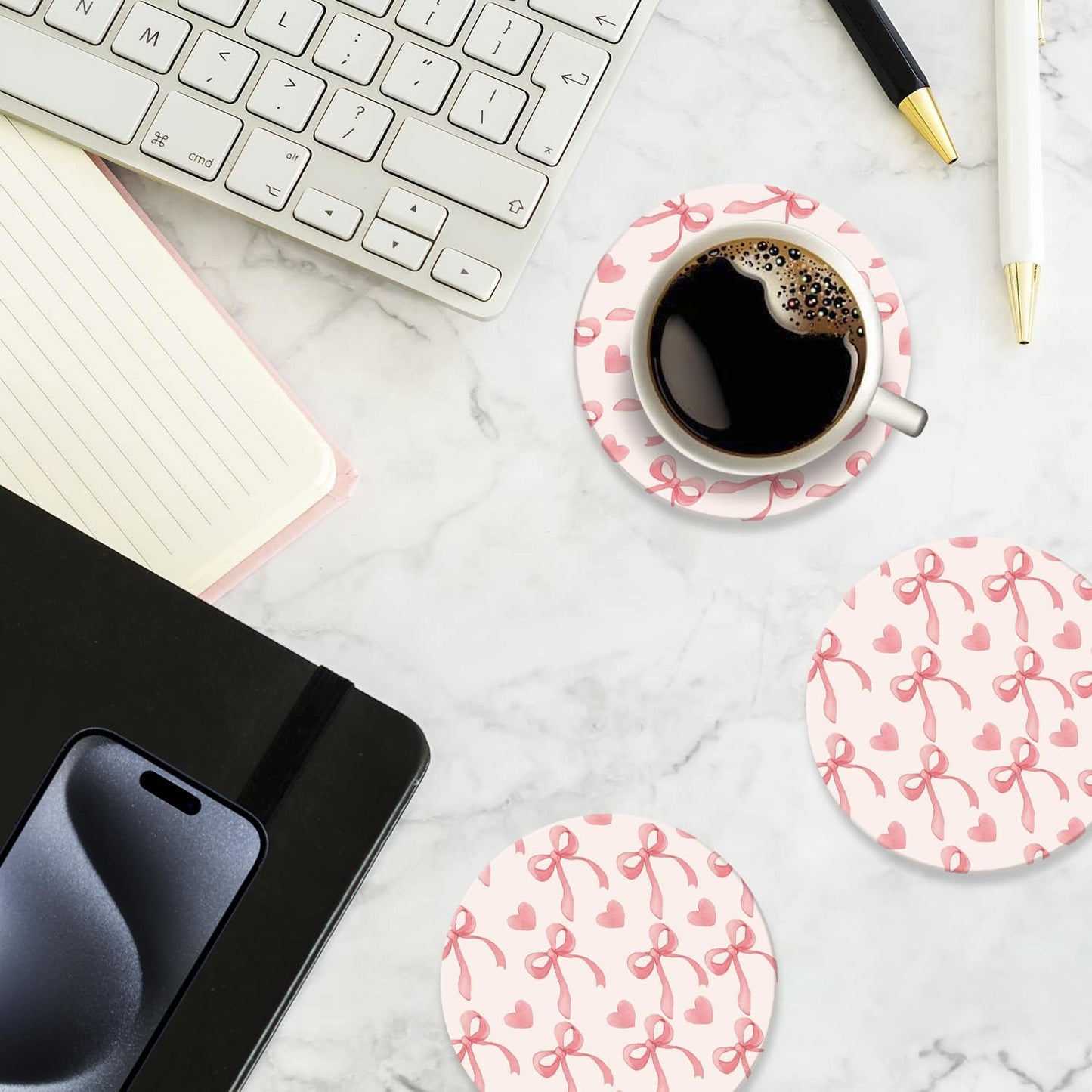6Pcs Ceramic Coasters with Holder, Absorbent Drink Coasters, Coffee Cup Coaster,Round Ceramic Table Coasters Set Decorative Pink Bow