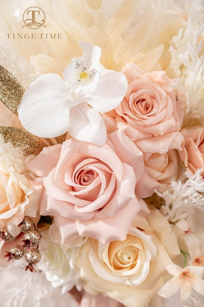TINGE TIME 13 Inch Artificial Flower Wedding Bouquets for Bride, Cascading Bridal Bouquet for Wedding Bouquet for Wedding Ceremony and Anniversary(Champagne&Pink)