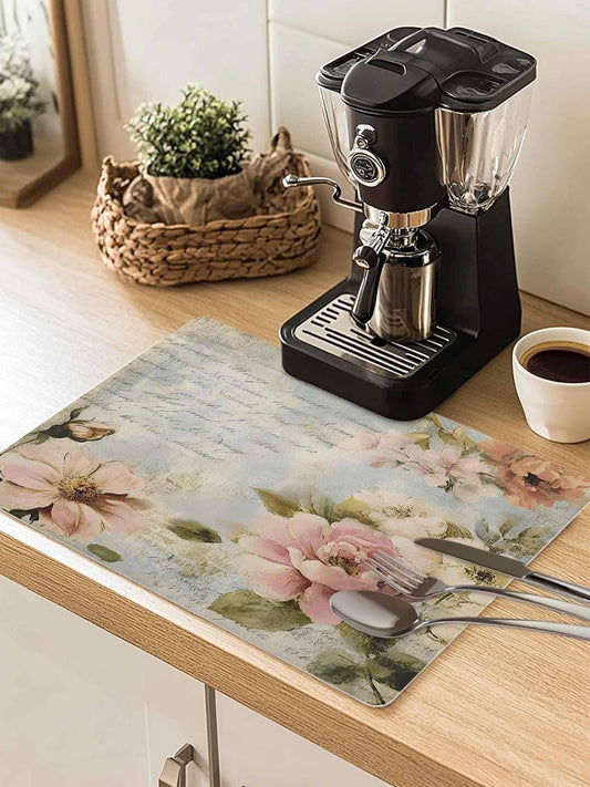 Watercolor Pink White Flowers Coffee Mat Vintage Letter Texture Absorbent Bar Mat for Coffee Maker and Espresso Machine, Hide Stain Rubber Backed Dish Drying Mats for Kitchen Counter, 12"x20"