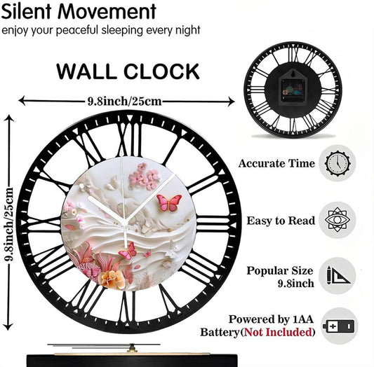 Metal Wall Clock for Living Room -10" Pink Butterflies and Fish in Coral Garden Silent Non Ticking,Battery Operated, Antique Clocks for Farmhouse,Bedroom,Kitchen - Rome Numerals