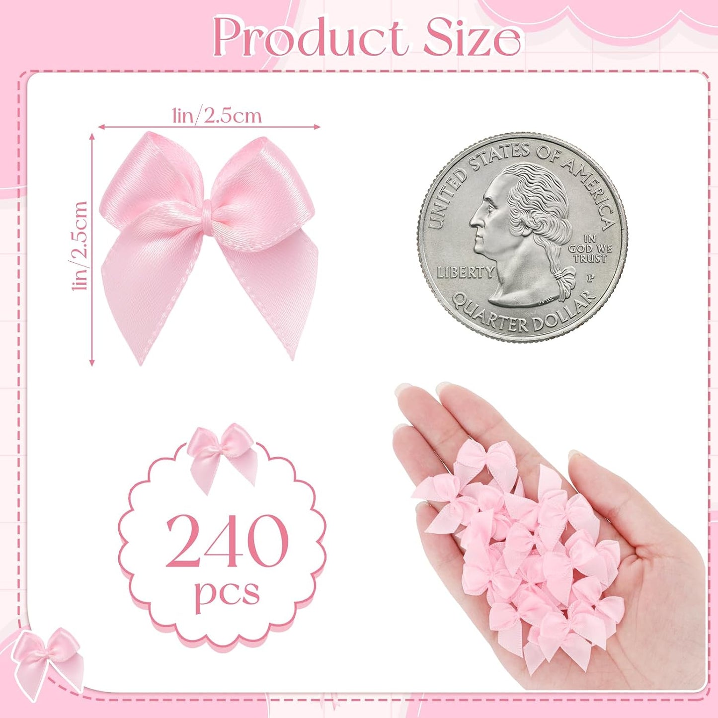 240PCS Mini Pink Bows 1" Pink Satin Ribbon for Crafts Sewing Accessories Baby Showers Weddings Cards Invitations Cake DIY Hair Clothespins