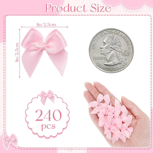 240PCS Mini Pink Bows 1" Pink Satin Ribbon for Crafts Sewing Accessories Baby Showers Weddings Cards Invitations Cake DIY Hair Clothespins