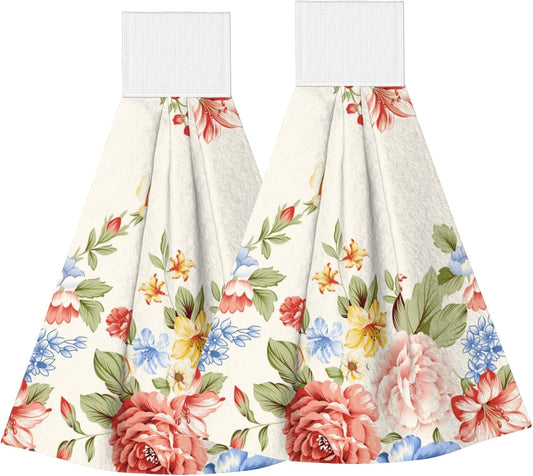 Vintage Pink Floral Hand Towel with Hanging Loop Set of 2 Rustic Retro Peony Pink Flower Hanging Kitchen Towels Botanical Herb Plant Washcloths Soft Absorbent Fingertip Tie Towels for Bathroom Decor