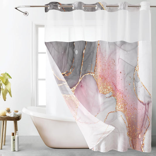 LB No Hook Shower Curtain with Snap in Liner Pink Marble Shower Curtain for Bathroom Abstract Pink and Grey Marble Textured Bathroom Curtains Shower Set, 72x74 inches Shower Curtain and Liner Set