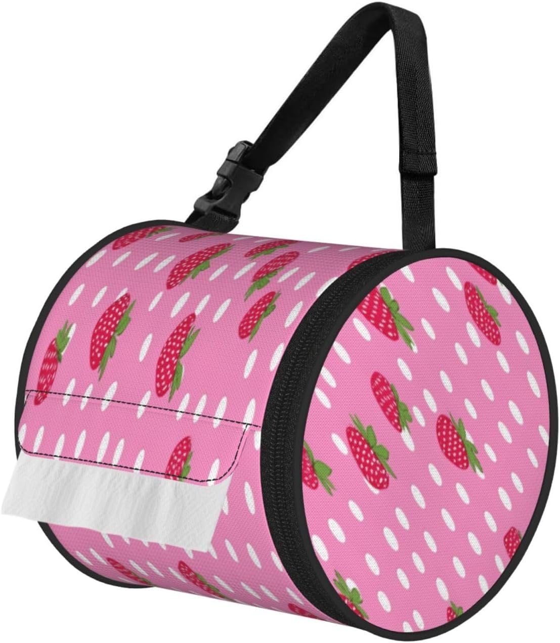 Oxford Cylinder Tissue Holder, Round Tissue Container Pink Strawberry Dots - 6.3''X6.3'' Portable Toilet Paper Roll Cover Tissue Box for Home Car Camping Office Travel