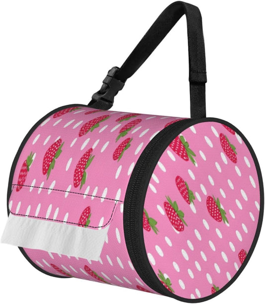 Oxford Cylinder Tissue Holder, Round Tissue Container Pink Strawberry Dots - 6.3''X6.3'' Portable Toilet Paper Roll Cover Tissue Box for Home Car Camping Office Travel