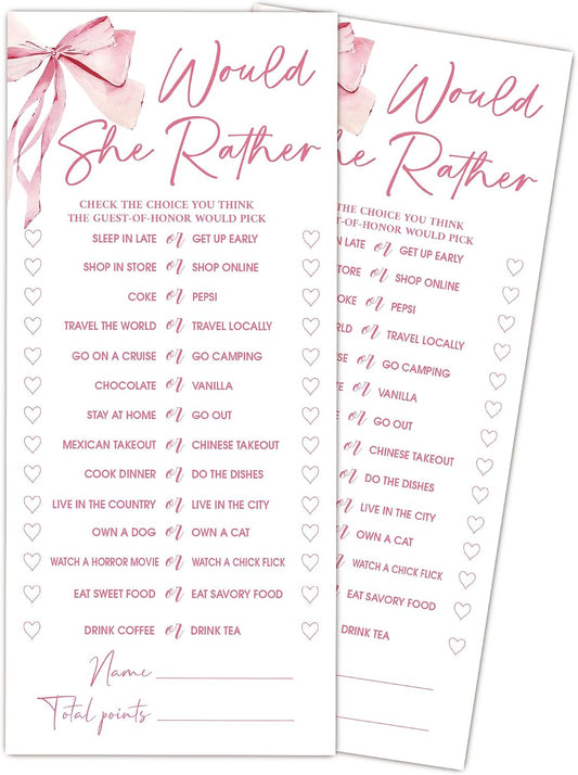 Pink Bow Wedding Shower Games, Would She Rather Wedding Games for 25 Guests, Engagement Bridal Shower Party Cards, Engagement & Bridal Party Supplies-4x9 Inch-A02