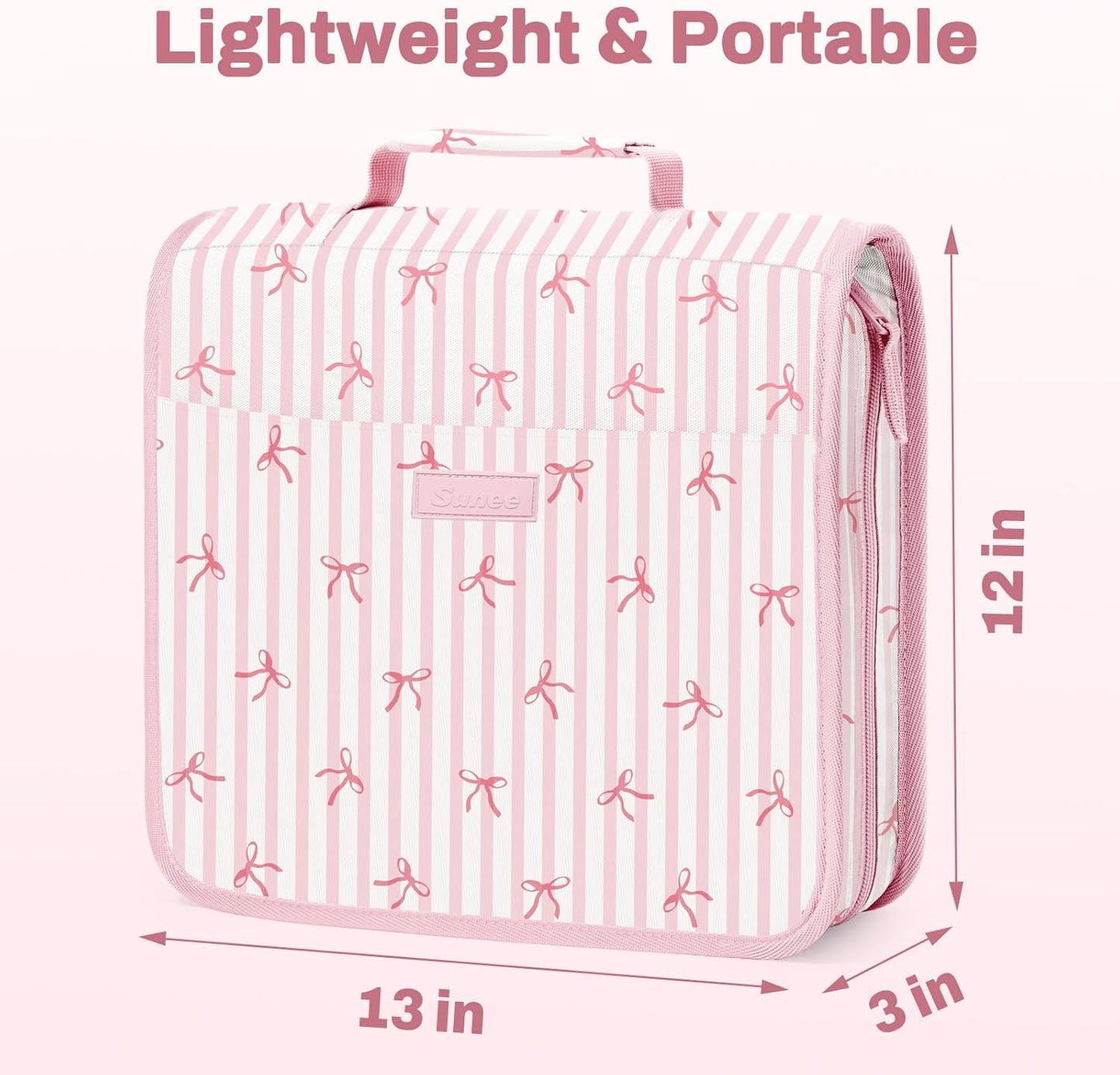 SUNEE Zipper Binder with Handle, 1.5 Inch O-Ring, 325 Pages Capacity, with 5-Tab Expanding File Folder for Classified Storage, Small Size Lightweight Zipper Bag for Middle School Students, Pink Bow