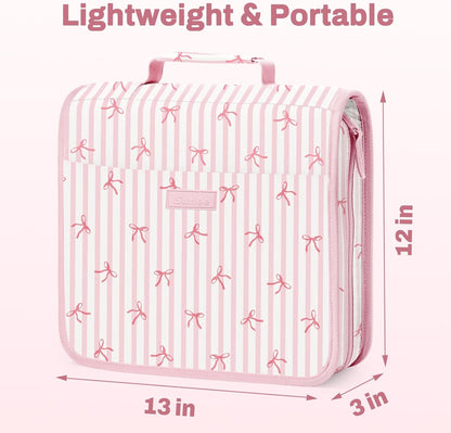 SUNEE Zipper Binder with Handle, 1.5 Inch O-Ring, 325 Pages Capacity, with 5-Tab Expanding File Folder for Classified Storage, Small Size Lightweight Zipper Bag for Middle School Students, Pink Bow