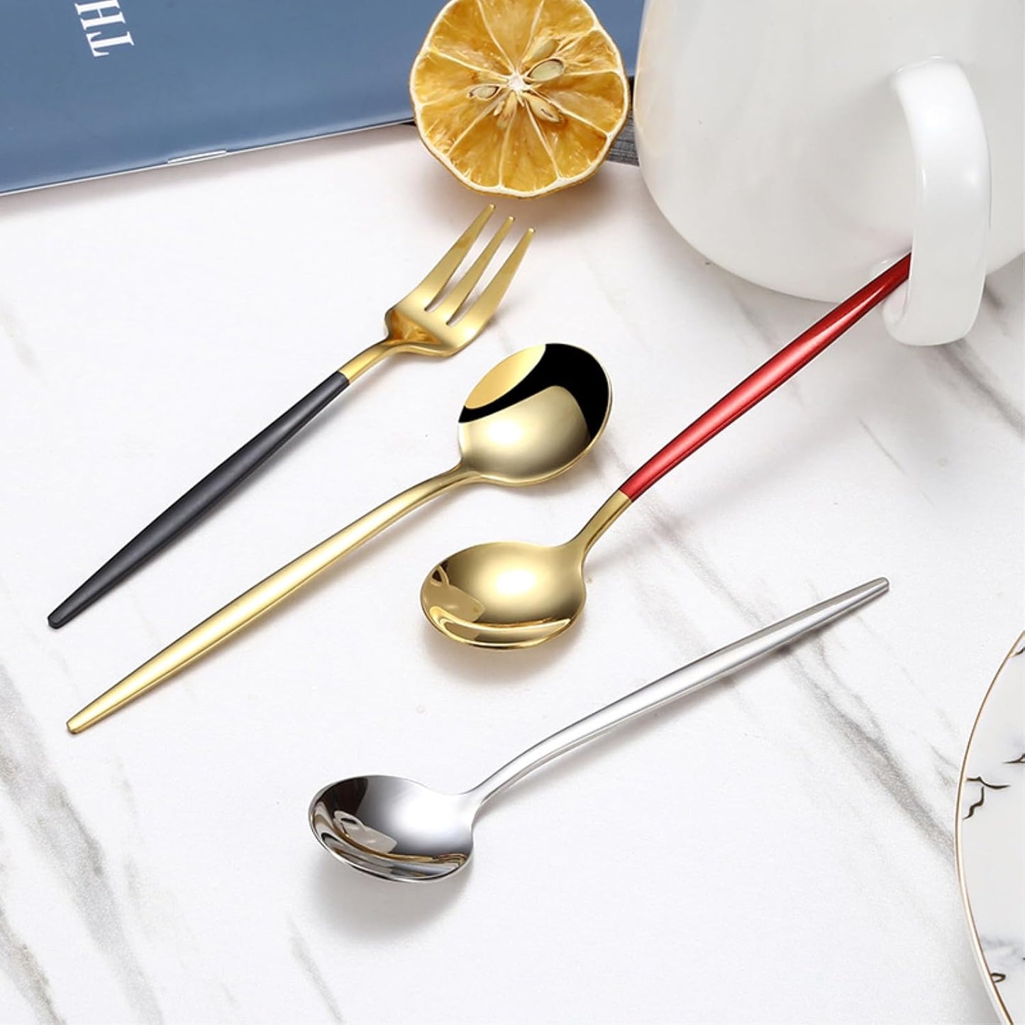 2PC-304 stainless steel dessert spoon household fresh and exquisite personality-pink gold spoon