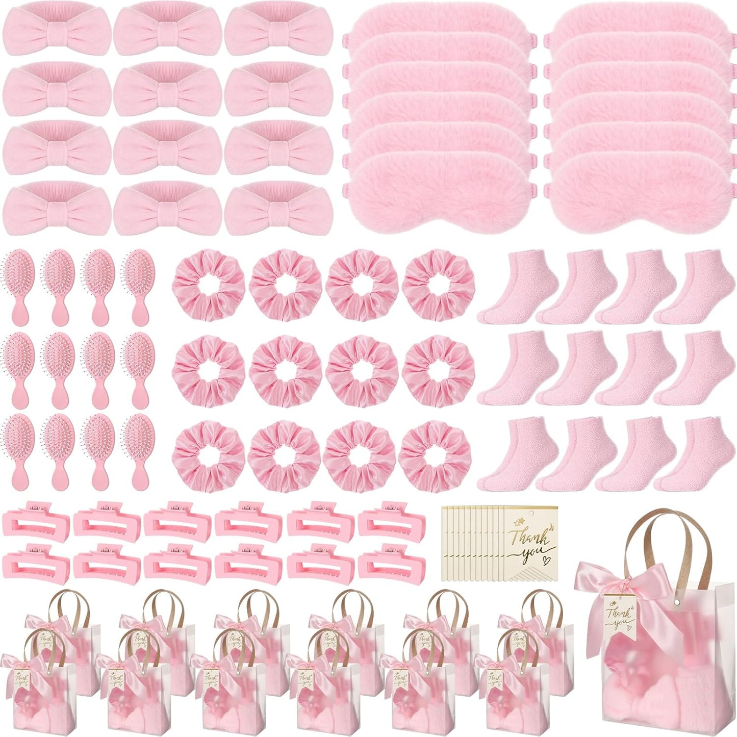 Riceshoot 84 Pcs Sleepover Party Supplies for Girls, Includes Socks Eye Masks Headbands Scrunchies Hair Brushes Hair Claw Clip Gift Bags for Baby Shower Wedding Slumber Spa Party Gift (Pink)
