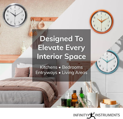 Infinity Instruments LTD. Retro 9 inch Silent Sweep Non-Ticking Mid Century Modern Kitchen Diner Wall Clock Quartz Movement Retro Wall Clock Decorative (Rose Blush)…