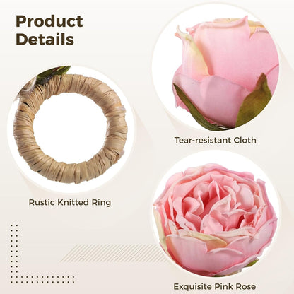 8 Pcs Pink Rose Napkin Rings, Floral Fabric Napkin Holders for Dining Table, Romantic Table Decorations for Valentine's Day, Wedding, Thanksgiving, Birthday Party