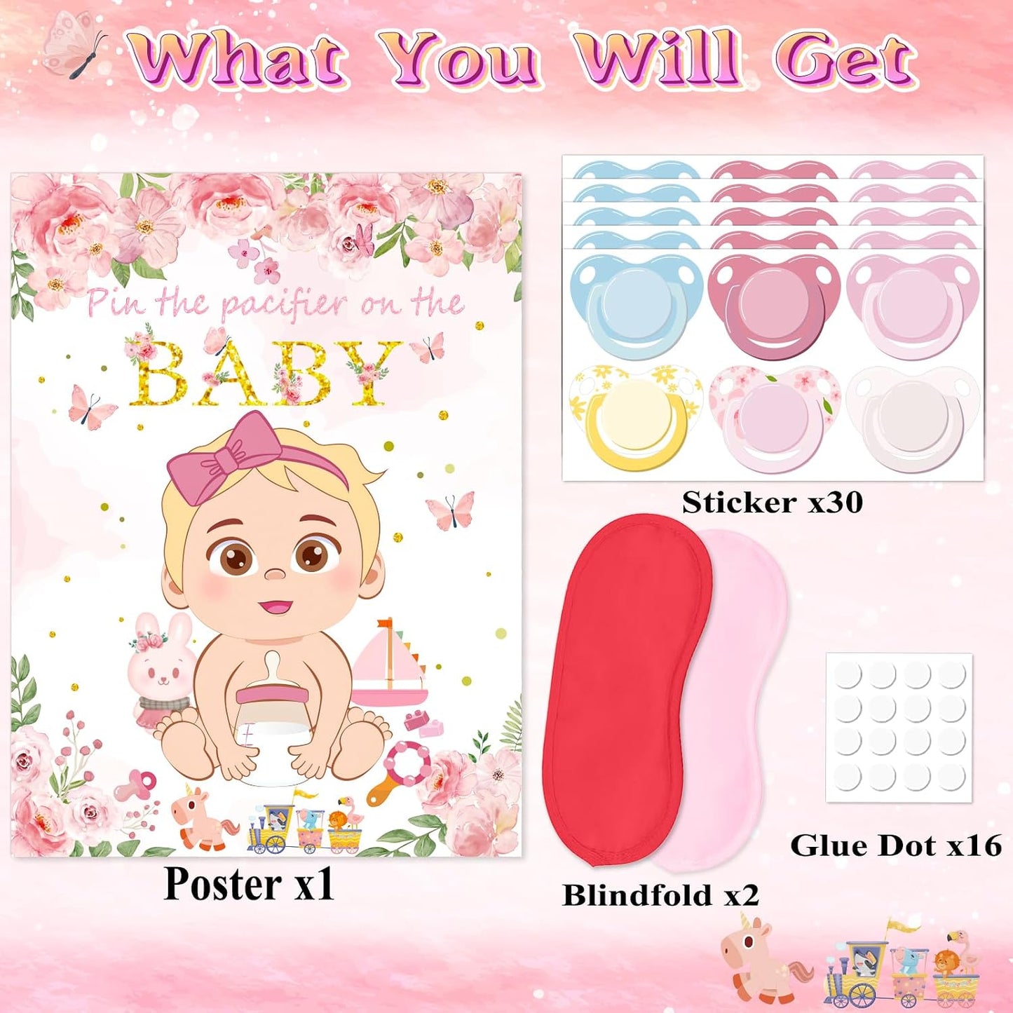 WNINK Pin The Pacifier On The Baby Pink Baby Shower Game Party Decorations Include Large Poster 30 Pacifier Stickers Game Set for Baby Shower Activity, Gender Reveal, Birthday Party Decor Supplies