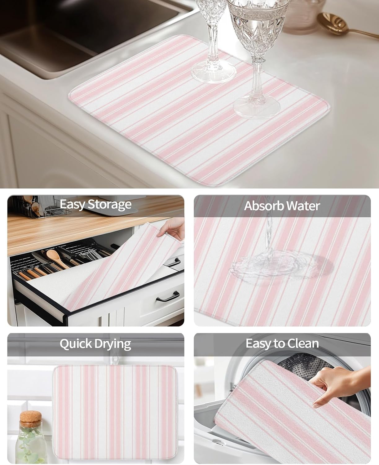 Pink Striped Dish Drying Mat 2 Pack, Vertical Stripe Modern Minimalist Absorbent Heat Insulating Kitchen Drying Pad Drainer Mats for Sink Counter Pot Dishes 18 X 24 Inch