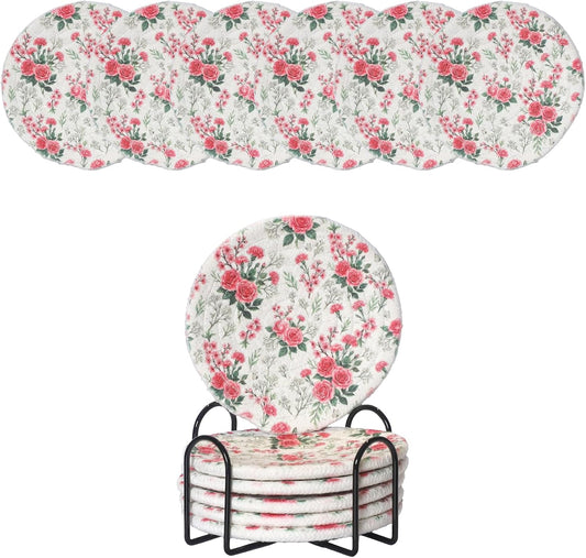 Absorbent Coasters for Drinks, Scratch-Resistant Woven Cotton Coaster Set of 6 with Holder, Pink Rose Flower Shabby Chic Decor for Coffee Table & Office Desk, Romantic Spring Room Aesthetic