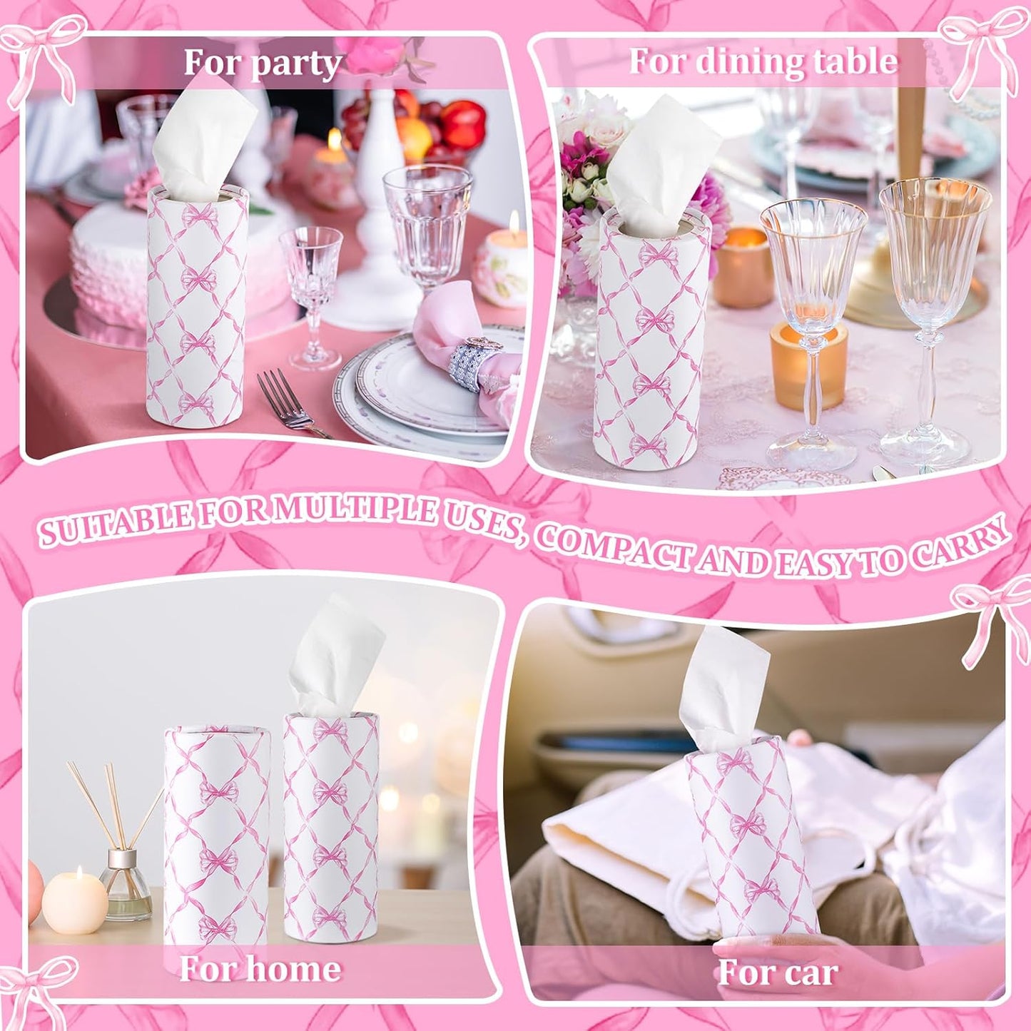 Faccito 4 Pack Car Tissue Holder with 50 3-ply Facial Tissues Bulk Pink Bow Cylinder Container Refill Box Round Portable Travel Tissue Dispenser Coquette Decor for Car Cup Holder Home Office Party