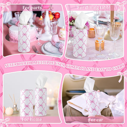 Faccito 4 Pack Car Tissue Holder with 50 3-ply Facial Tissues Bulk Pink Bow Cylinder Container Refill Box Round Portable Travel Tissue Dispenser Coquette Decor for Car Cup Holder Home Office Party